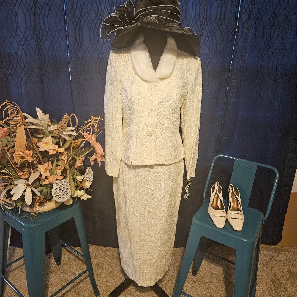 Off White, Fir Collar, Boucle Suit With Maxi Skirt by Jessica Howard.